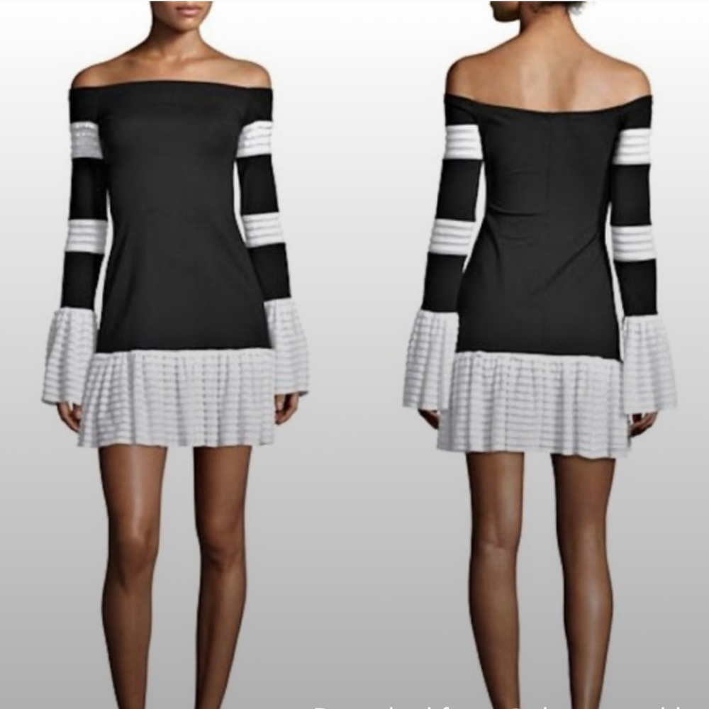 Alexis Miggy Mini Dress | Black and White Ruffled Bell Sleeves Off- Shoulder